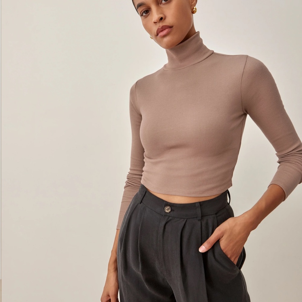 Davy Cropped Ribbed Turtleneck Tee - Clay